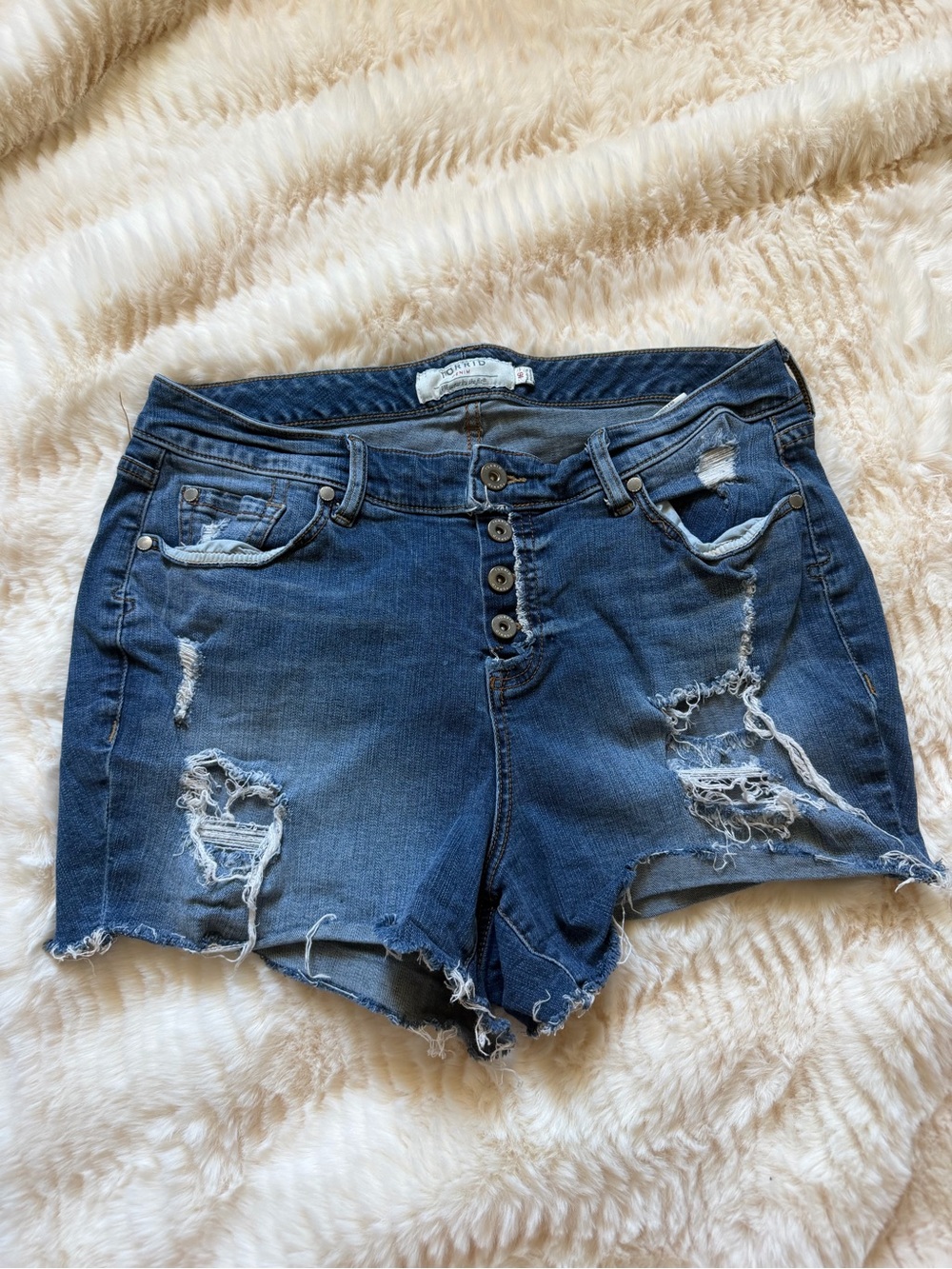 torrid Dark Blue Distressed Denim Button-Fly Shorts